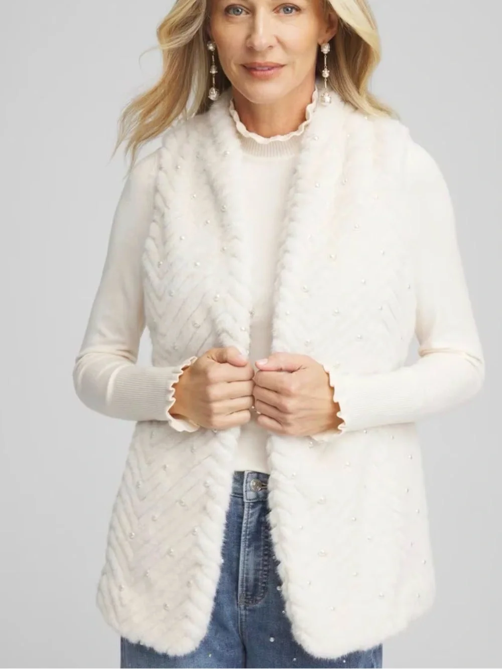 Chico’s Pearl-Embellished Faux Fur Open Vest - Cream. Size 1 - Medium.